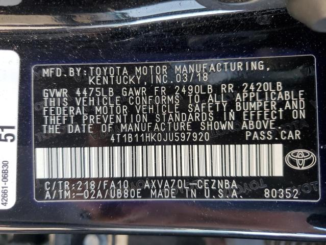 VIN 4T1B11HK0JU597920 2018 Toyota Camry, L no.13