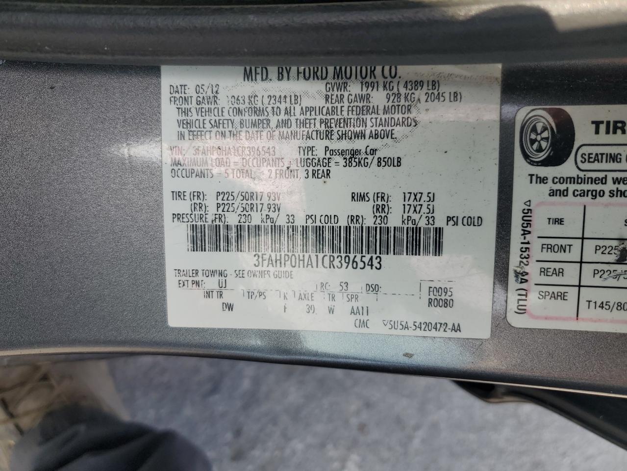 Lot #3004109876 2012 FORD FUSION SE