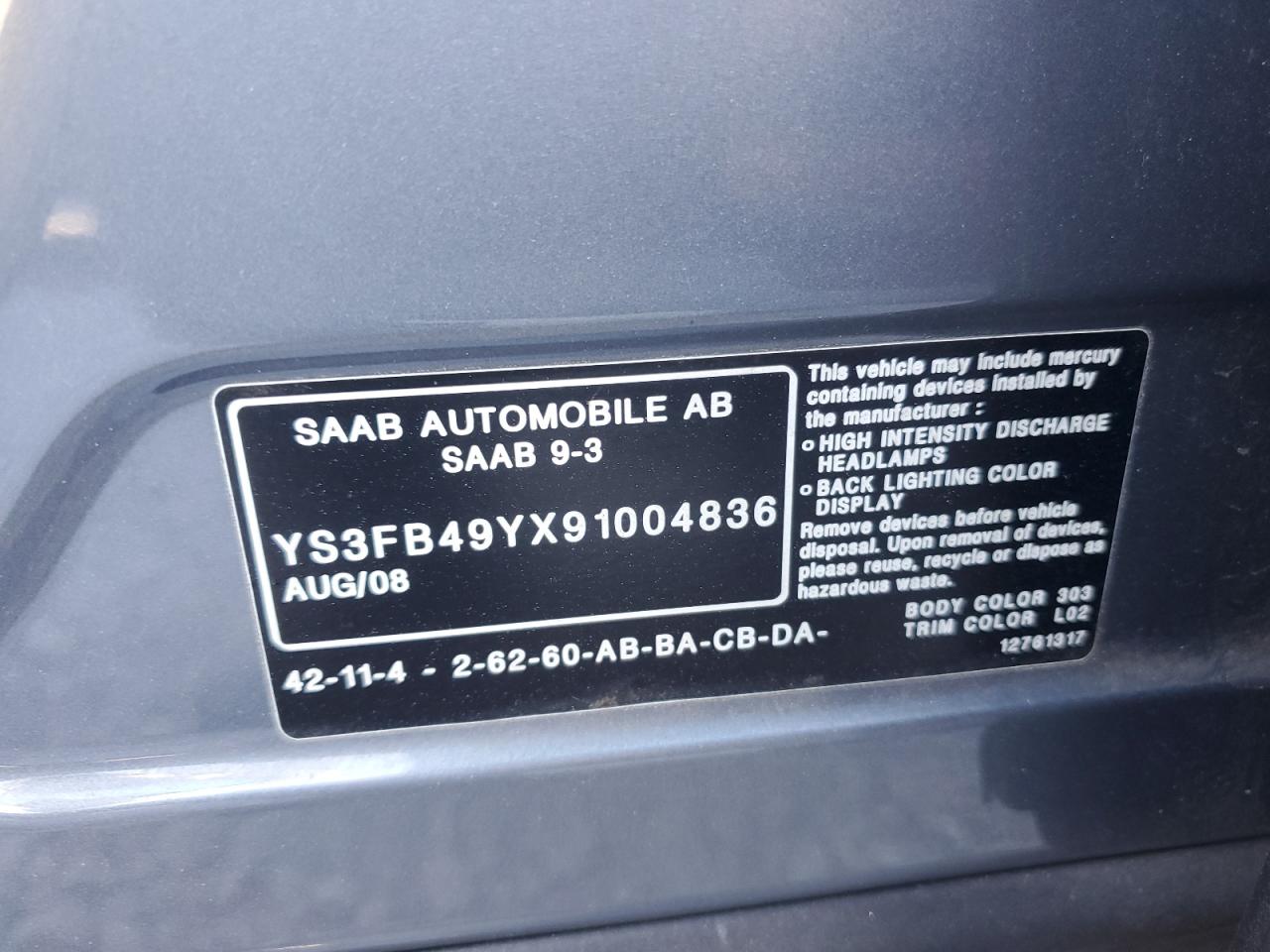 Lot #3037273556 2009 SAAB 9-3 2.0T