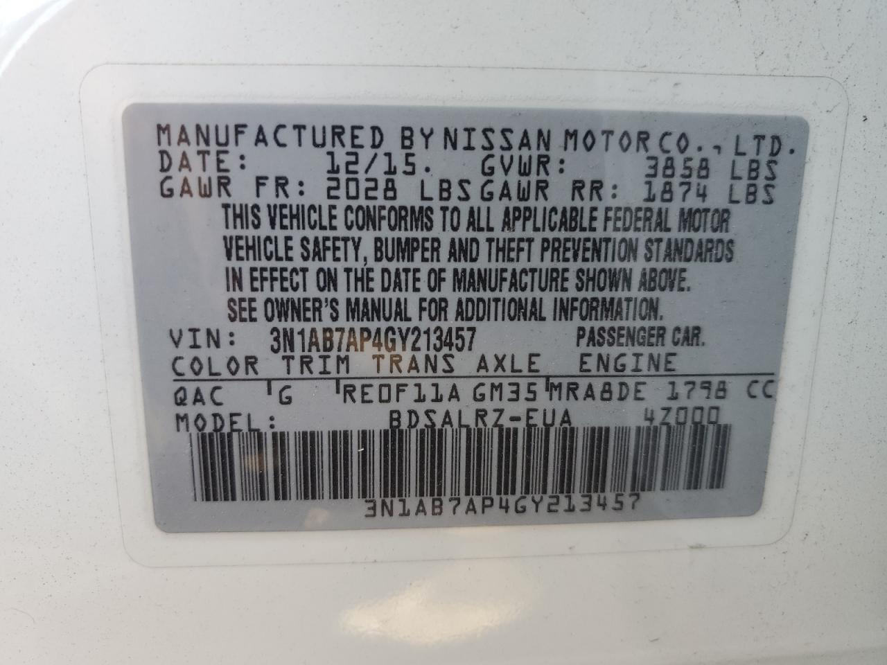 Lot #2943131428 2016 NISSAN SENTRA S