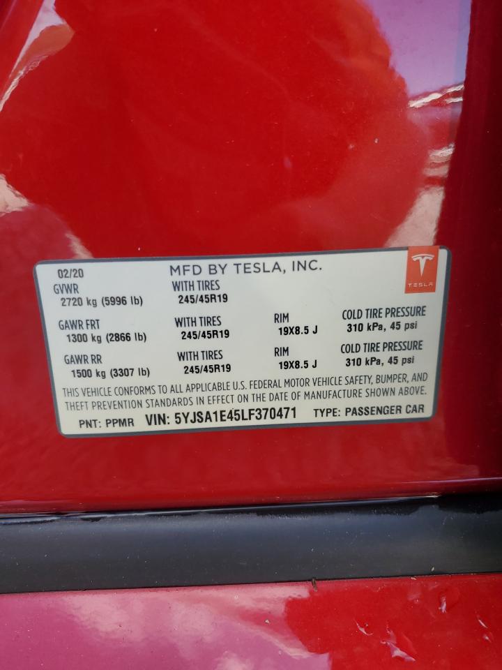 Lot #2945426711 2020 TESLA MODEL S