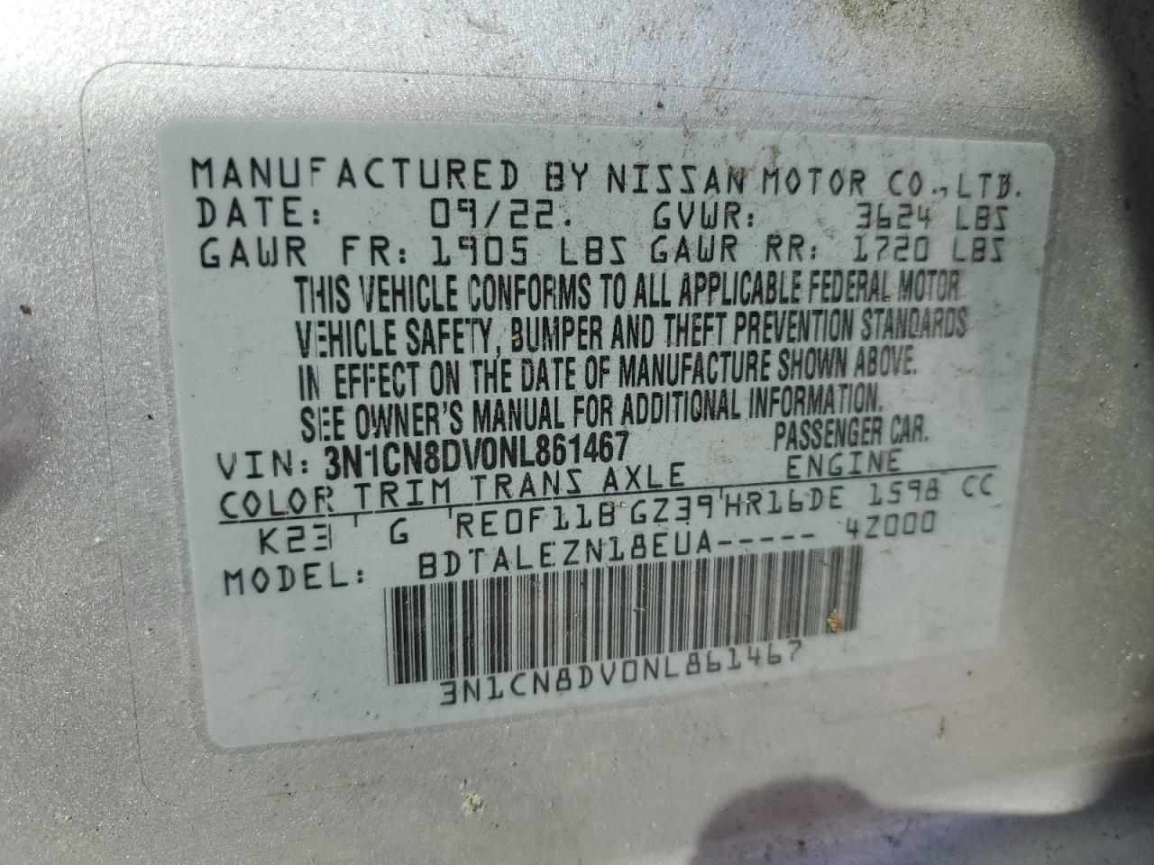 Lot #2952705171 2022 NISSAN VERSA S