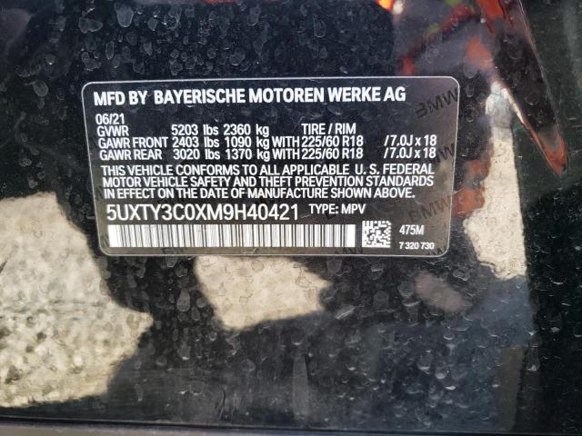 VIN 5UXTY3C0XM9H40421 2021 BMW X3 no.13