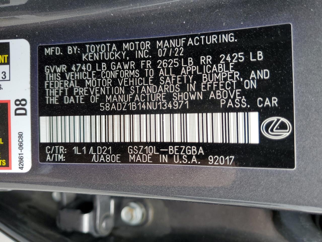 Lot #2962533807 2022 LEXUS ES 350 BAS