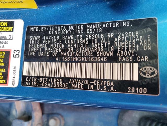 VIN 4T1B61HK2KU163646 2019 Toyota Camry, Xse no.12