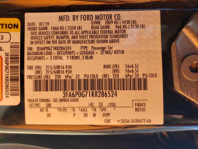 VIN 3FA6P0G71KR286524 2019 Ford Fusion, S no.12