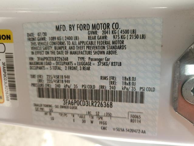 VIN 3FA6P0CD3LR226368 2020 Ford Fusion, Sel no.12