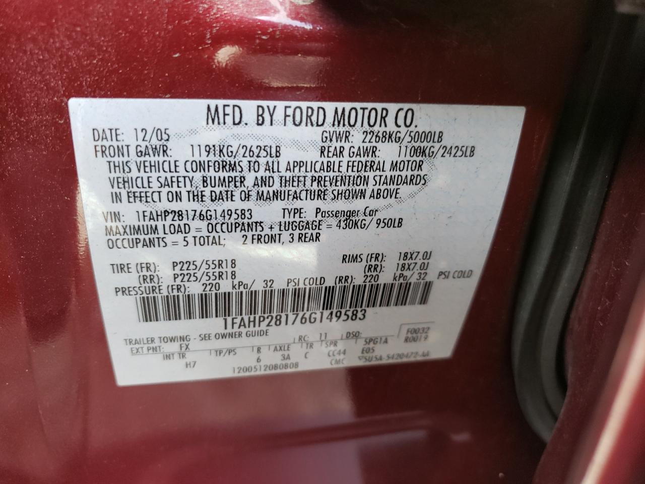 Lot #3049600657 2006 FORD FIVE HUNDR