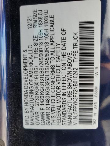 2022 HONDA RIDGELINE - 5FPYK3F72NB010242