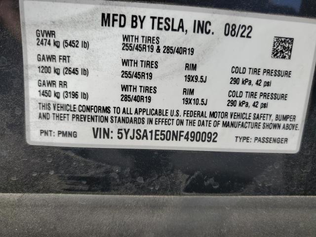 VIN 5YJSA1E50NF490092 2022 Tesla MODEL S no.12