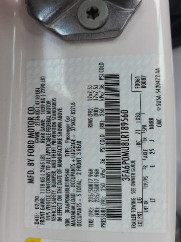 2020 FORD FUSION SEL - 3FA6P0MU8LR189560