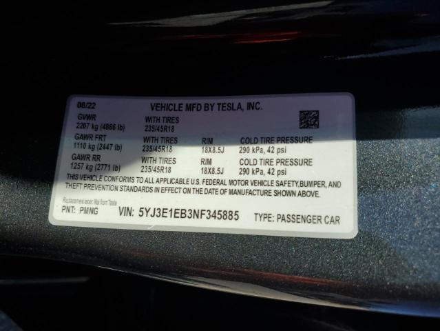 2022 TESLA MODEL 3 - 5YJ3E1EB3NF345885