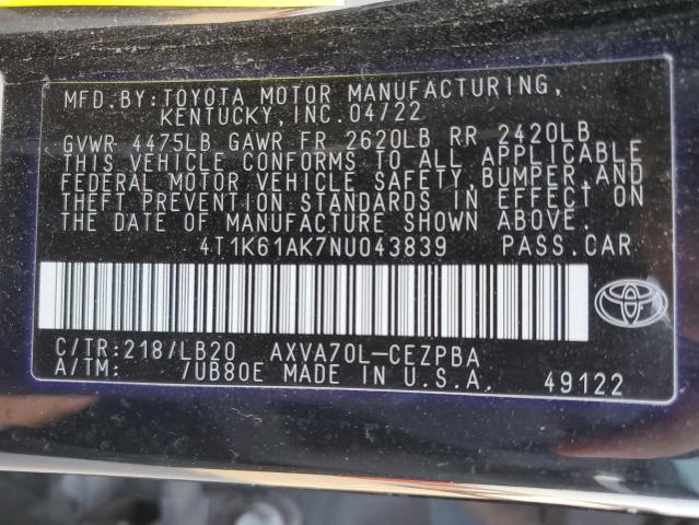 VIN 4T1K61AK7NU043839 2022 Toyota Camry, Xse no.12