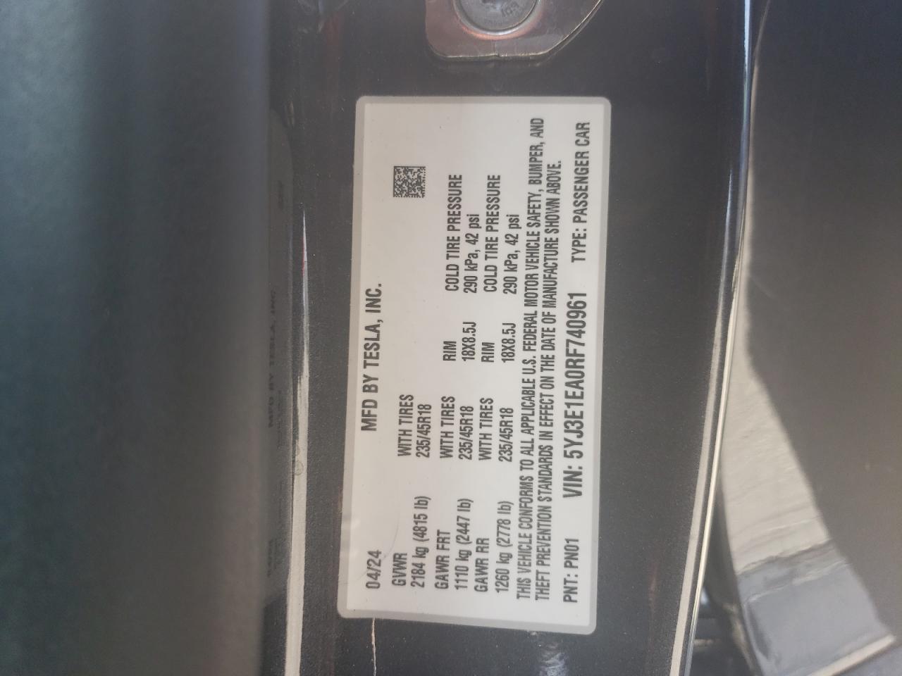 Lot #2989368563 2024 TESLA MODEL 3