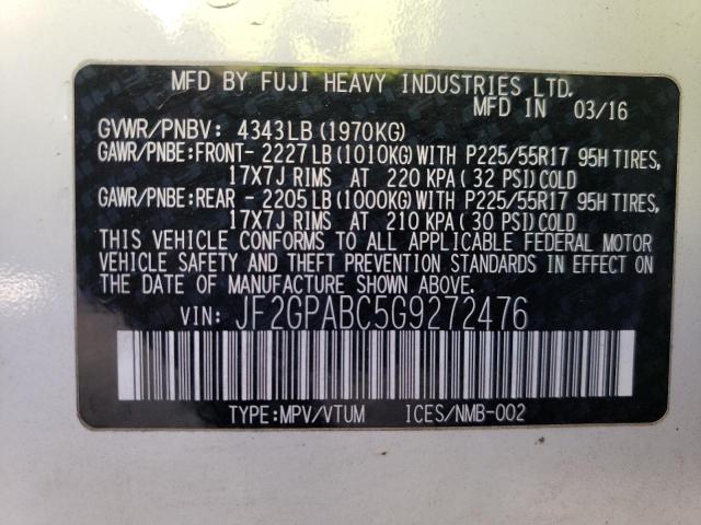2016 SUBARU CROSSTREK - JF2GPABC5G9272476