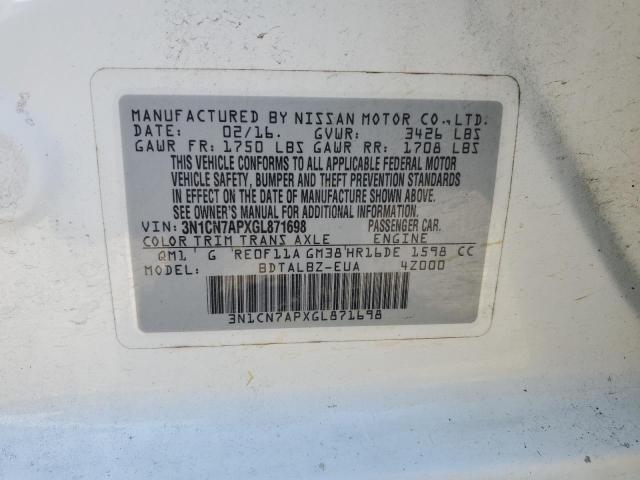 VIN 3N1CN7APXGL871698 2016 Nissan Versa, S no.12