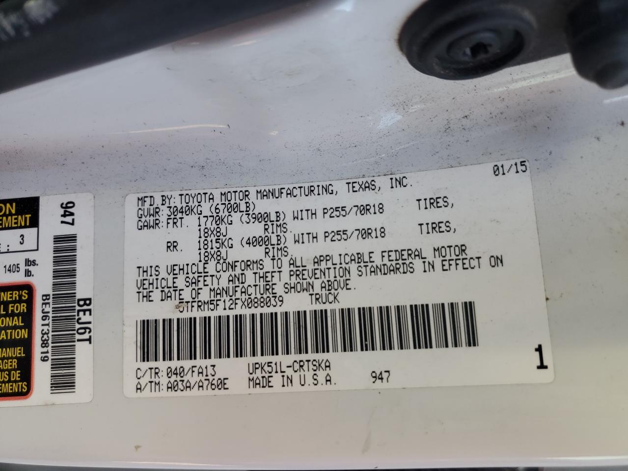 Lot #2926124735 2015 TOYOTA TUNDRA DOU