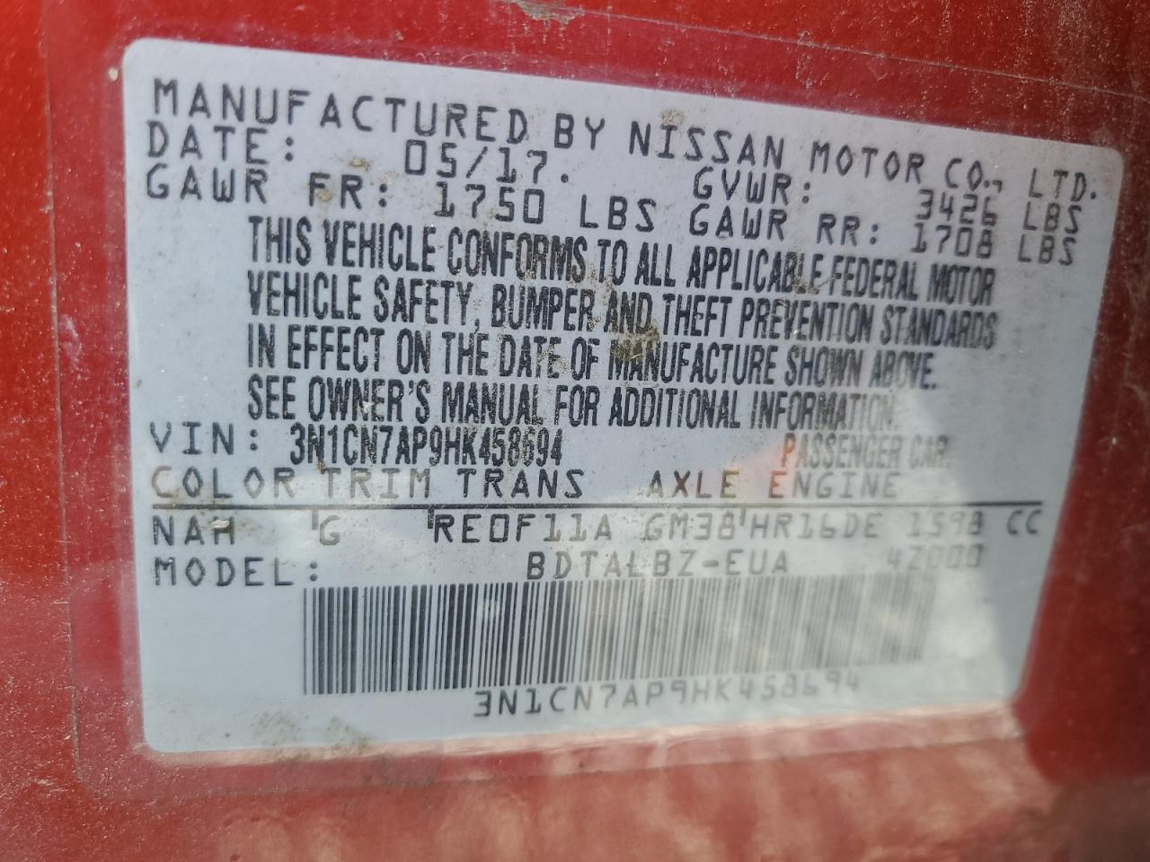 Lot #2943046858 2017 NISSAN VERSA S