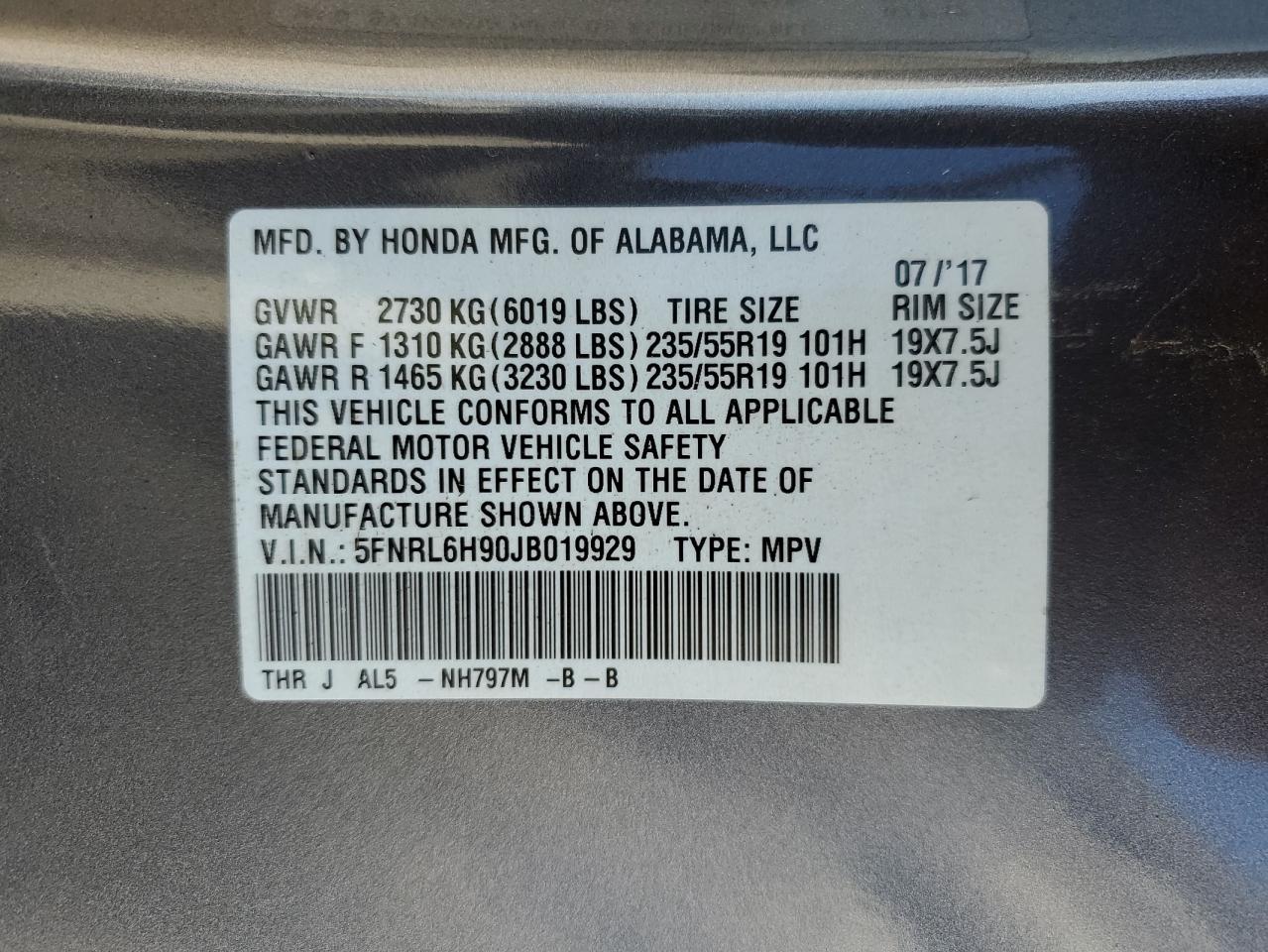 Lot #2907374116 2018 HONDA ODYSSEY EL