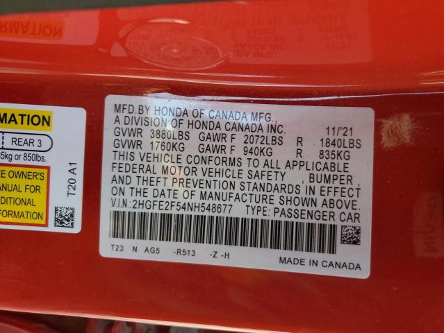 2022 HONDA CIVIC SPOR - 2HGFE2F54NH548677