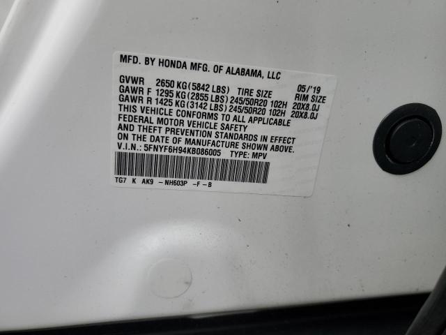 2019 HONDA PILOT TOUR - 5FNYF6H94KB086005