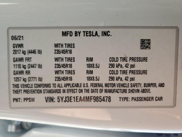 VIN 5YJ3E1EA4MF985478 2021 TESLA MODEL 3 no.13