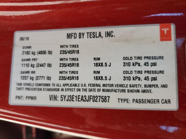 VIN 5YJ3E1EA3JF027587 2018 Tesla MODEL 3 no.10