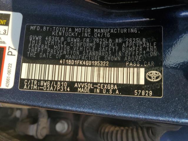 2016 TOYOTA CAMRY HYBR - 4T1BD1FK4GU195322