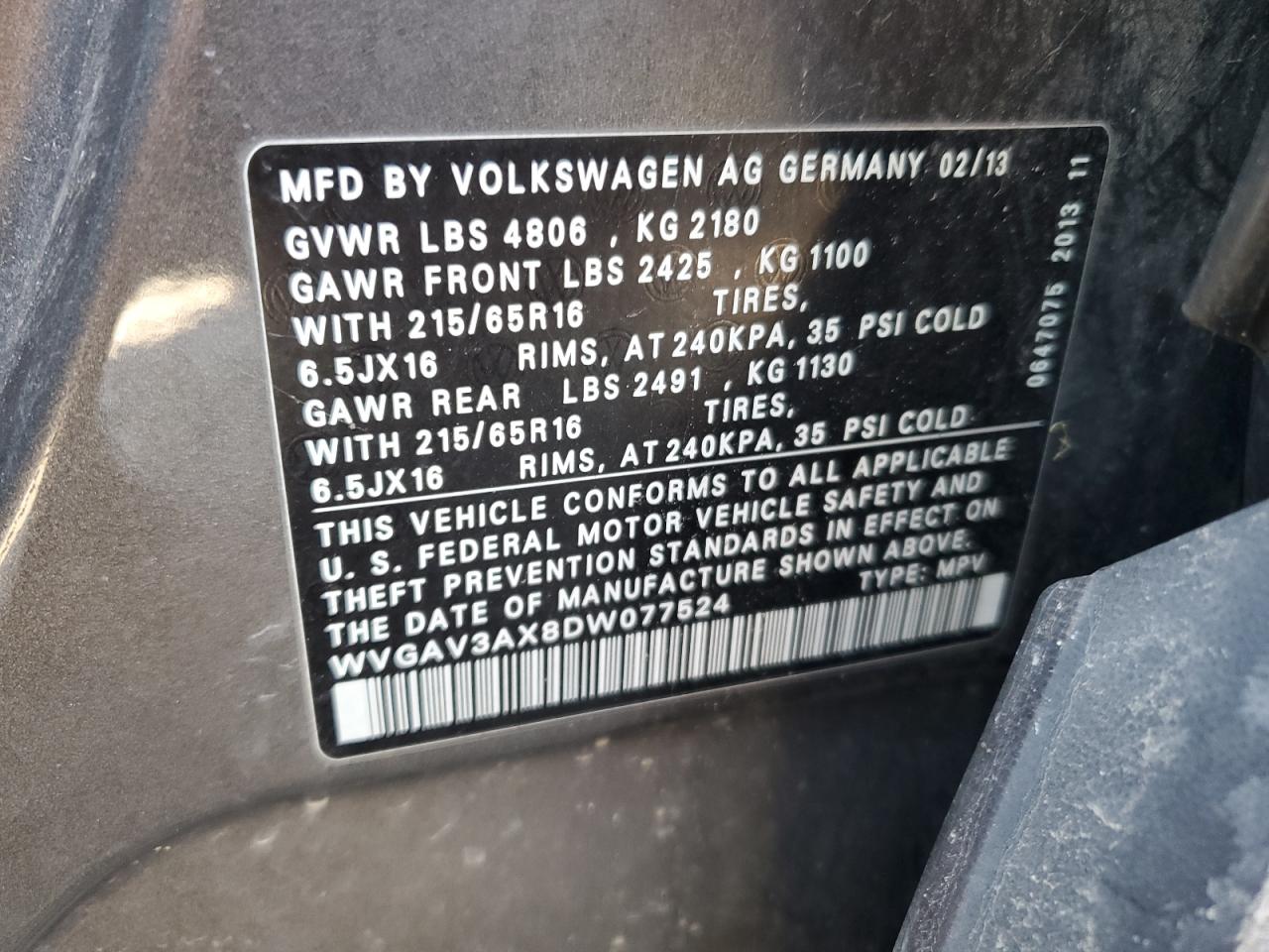 Lot #2976936721 2013 VOLKSWAGEN TIGUAN S