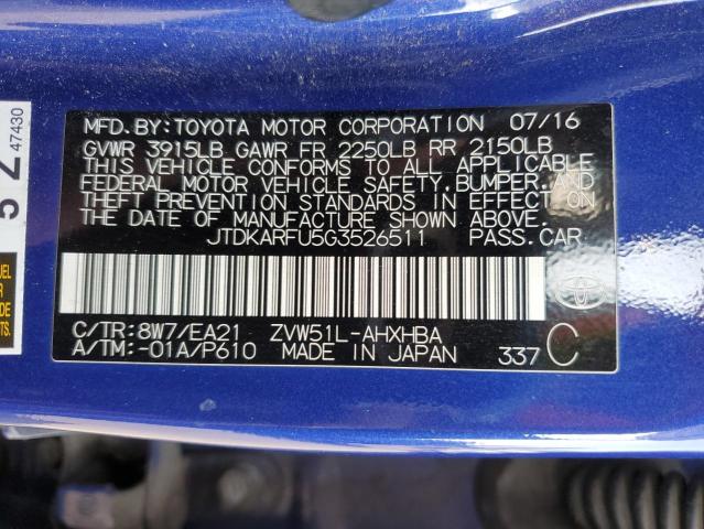 VIN JTDKARFU5G3526511 2016 Toyota Prius no.12