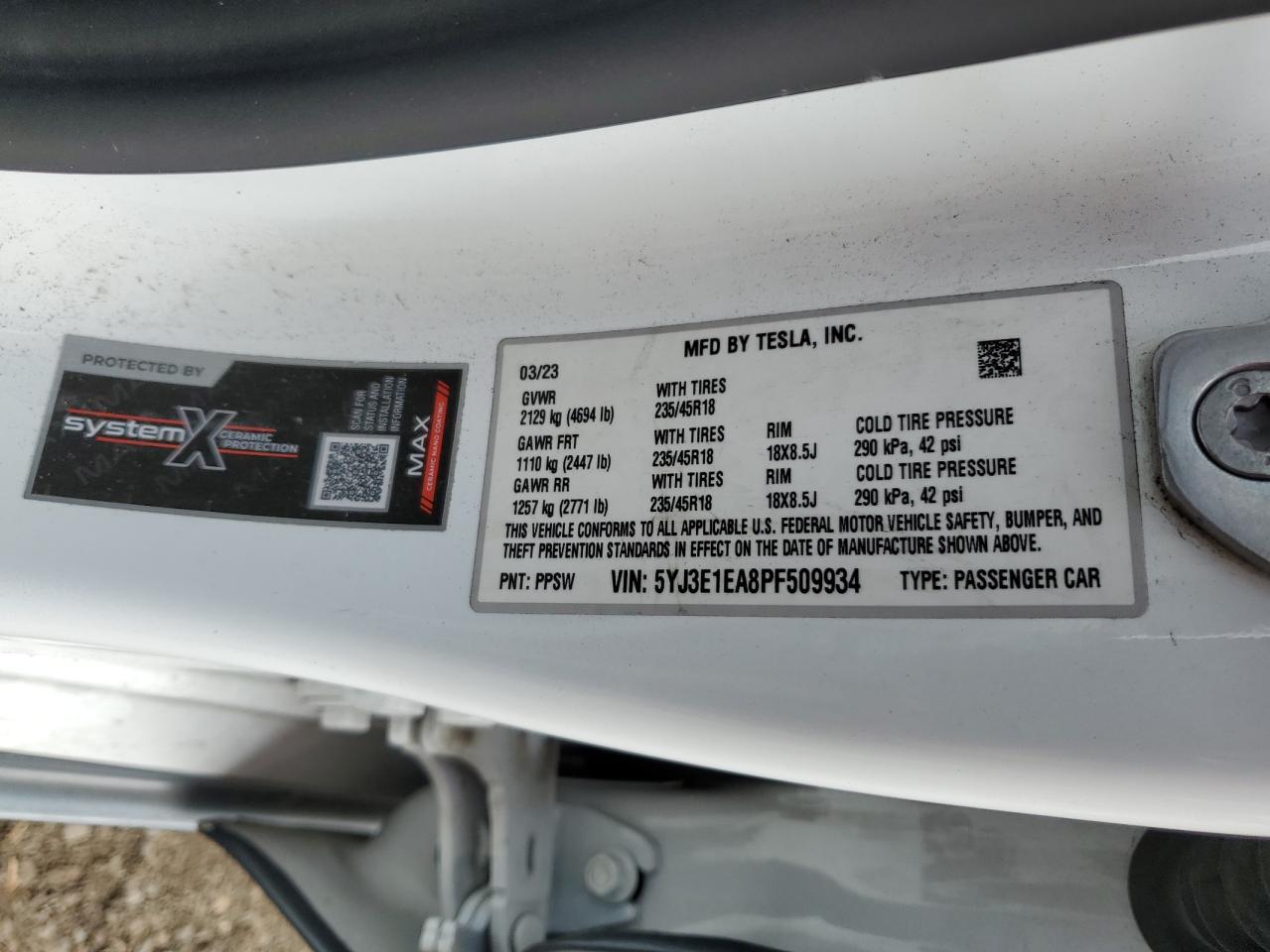 Lot #2921101502 2023 TESLA MODEL 3