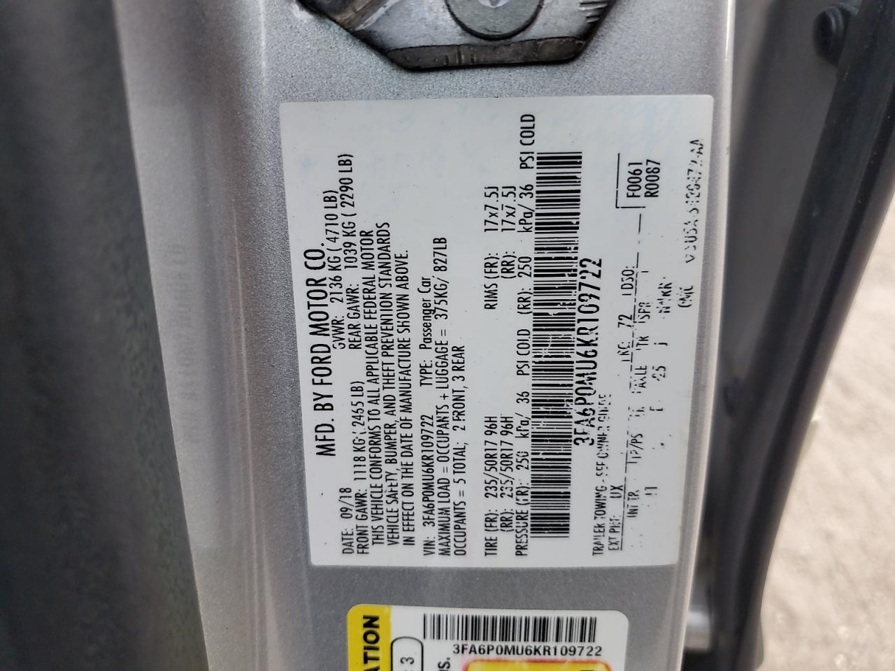 Lot #3033244823 2019 FORD FUSION SEL