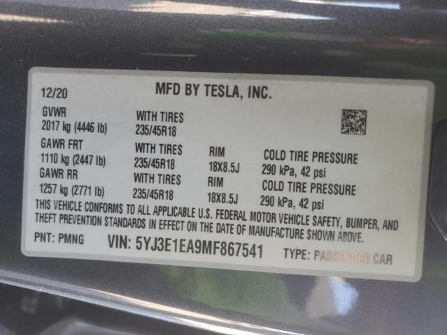 VIN 5YJ3E1EA9MF867541 2021 TESLA MODEL 3 no.12