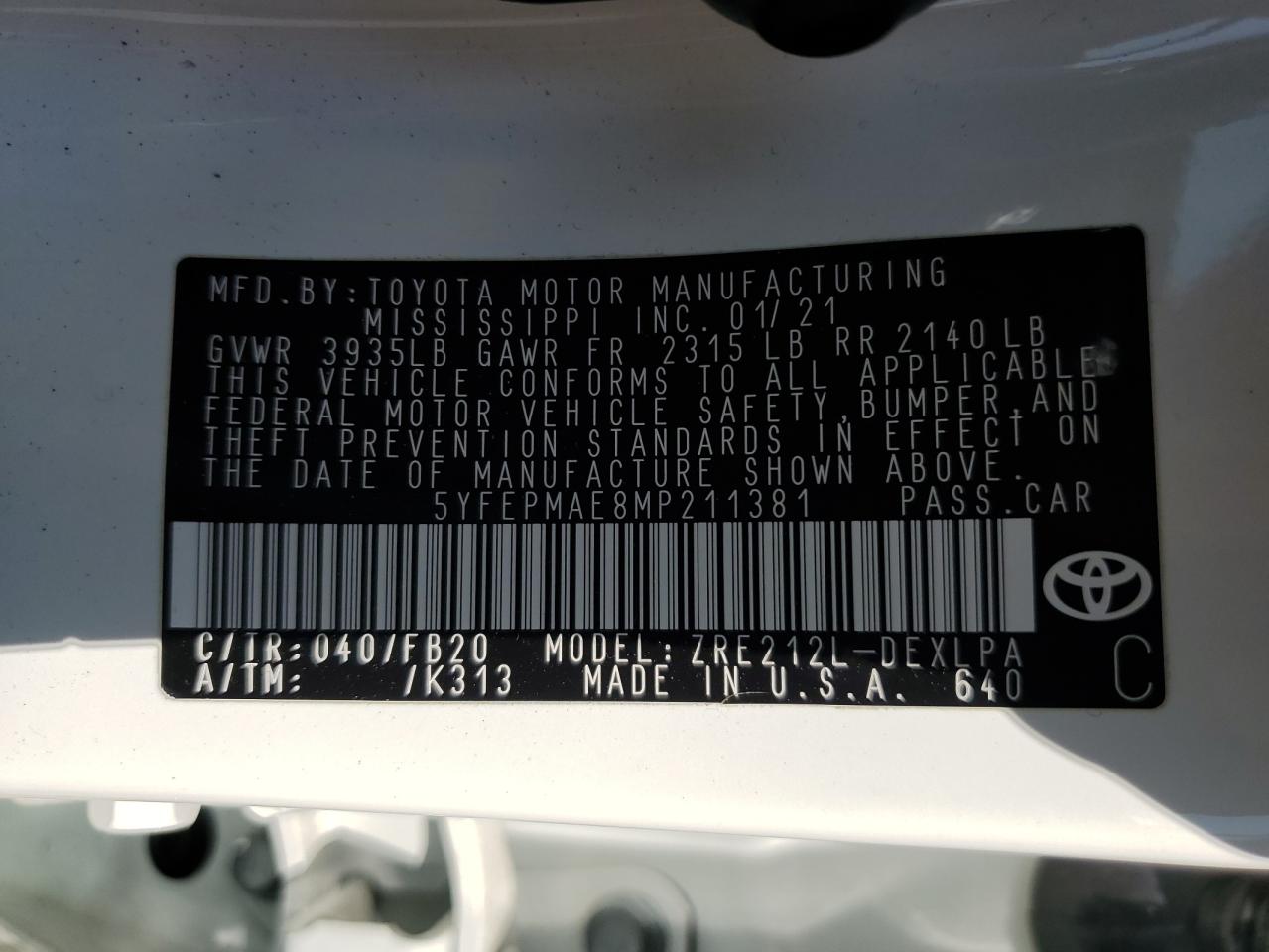 Lot #2926084746 2021 TOYOTA COROLLA LE