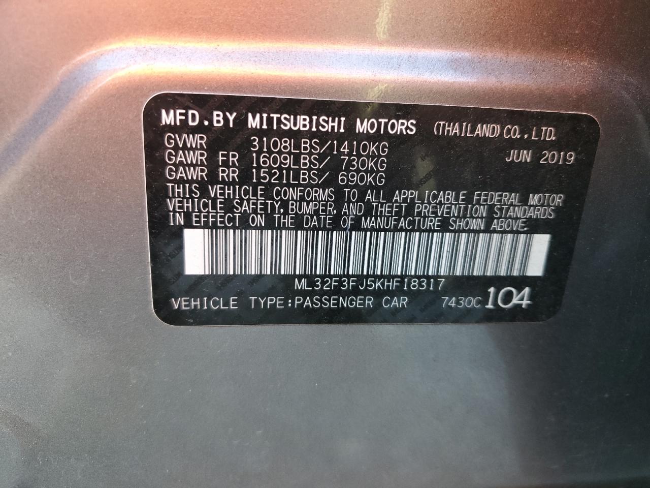 Lot #2955136778 2019 MITSUBISHI MIRAGE G4