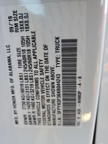 2019 HONDA RIDGELINE - 5FPYK3F56KB044243