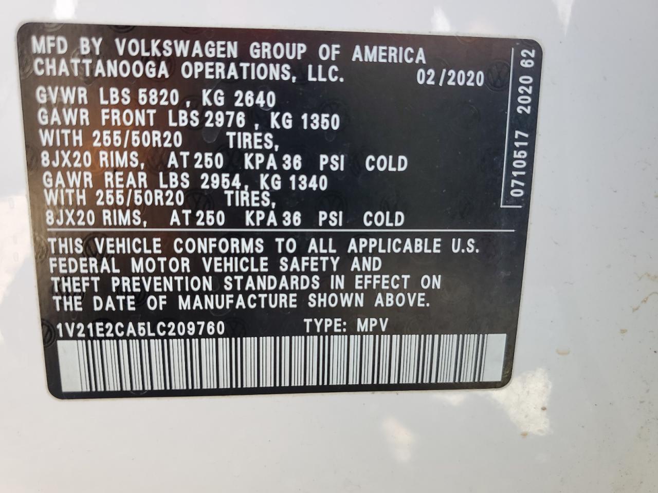 Lot #2904943809 2020 VOLKSWAGEN ATLAS CROS