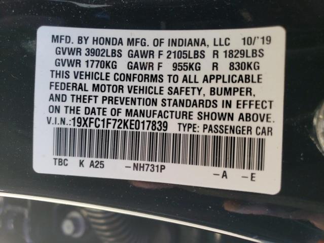 VIN 19XFC1F72KE017839 2019 Honda Civic, Exl no.12