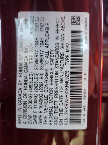 2HKRW5H31KH409275 2019 HONDA CRV