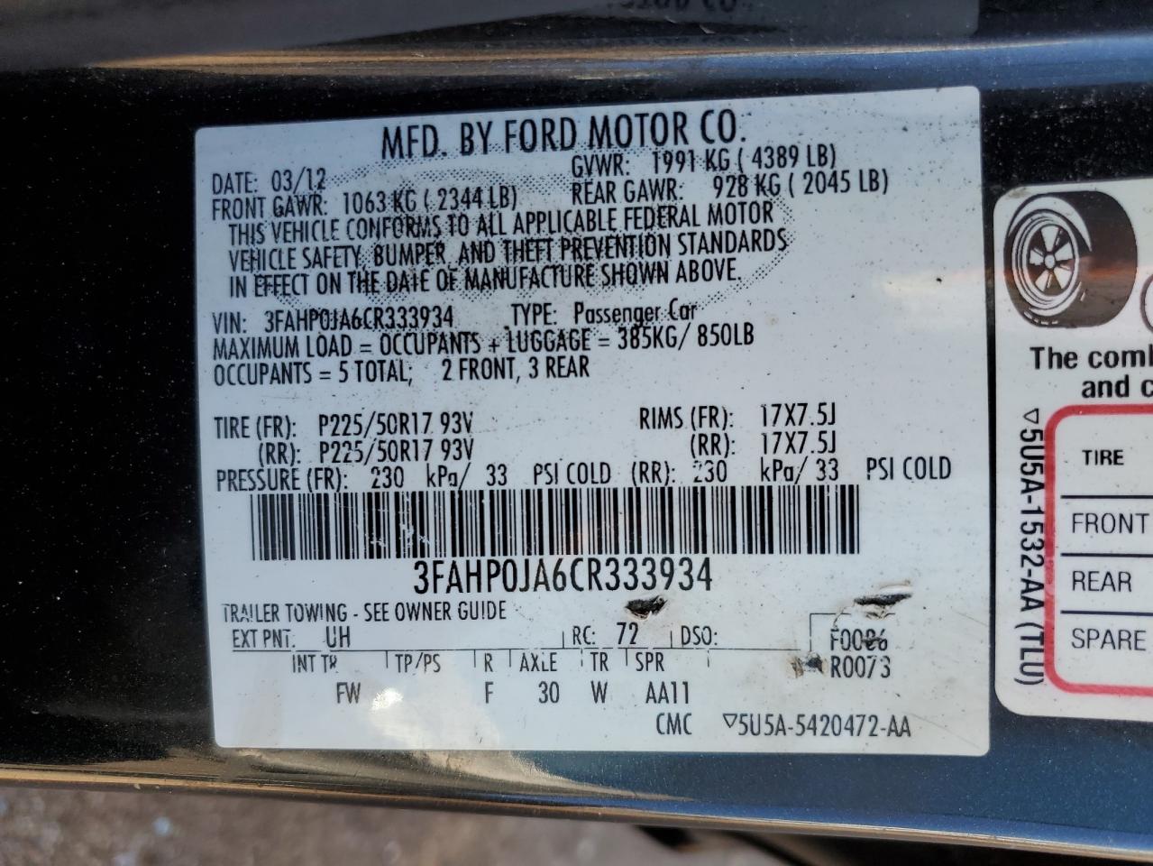 Lot #3037847277 2012 FORD FUSION SEL