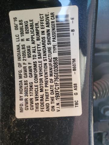 VIN 19XFC1F76GE030858 2016 Honda Civic, Exl no.12