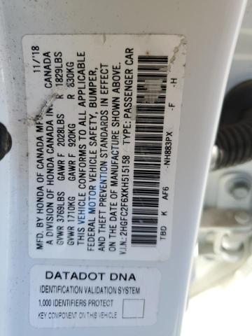 2HGFC2F6XKH515158 2019 HONDA CIVIC