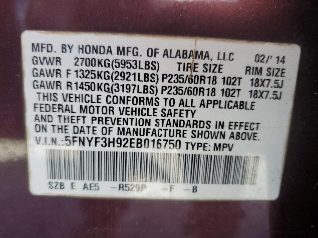 VIN 5FNYF3H92EB016750 2014 Honda Pilot, Touring no.13