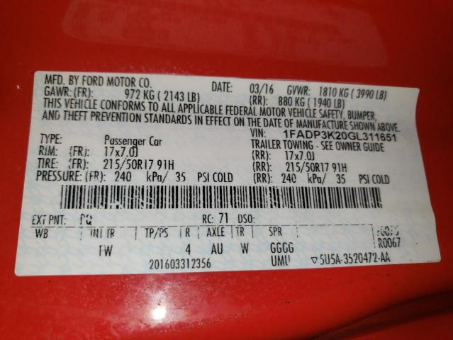 2016 FORD FOCUS SE - 1FADP3K20GL311651