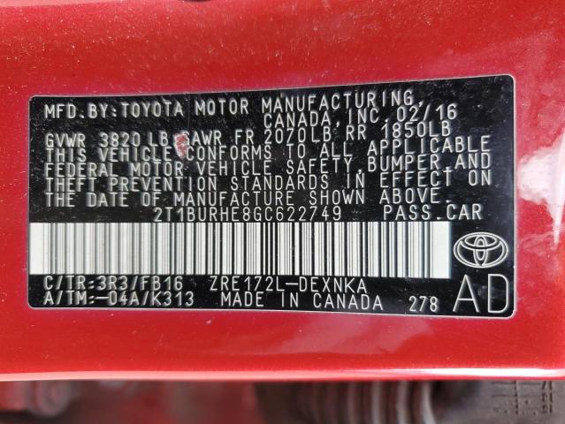 VIN 2T1BURHE8GC622749 2016 Toyota Corolla, L no.13