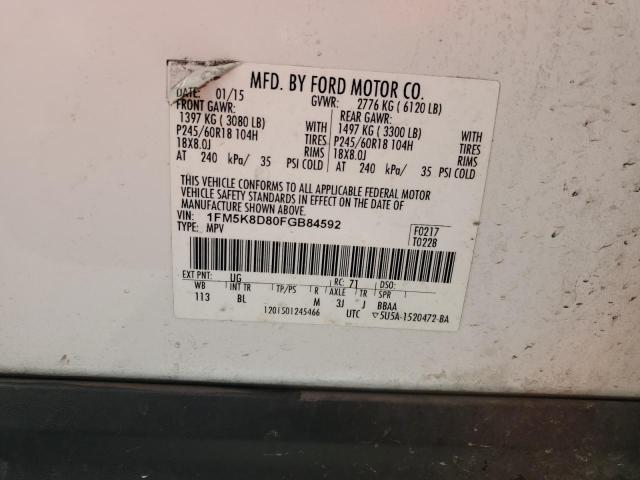 VIN 1FM5K8D80FGB84592 2015 Ford Explorer, Xlt no.12