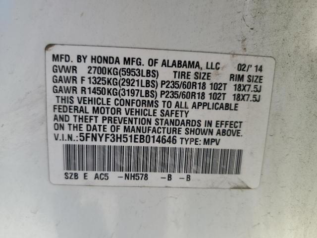 VIN 5FNYF3H51EB014646 2014 Honda Pilot, Exl no.13