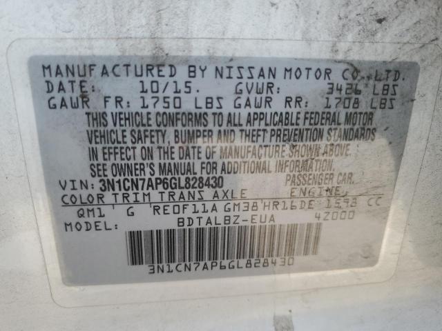 VIN 3N1CN7AP6GL828430 2016 Nissan Versa, S no.12