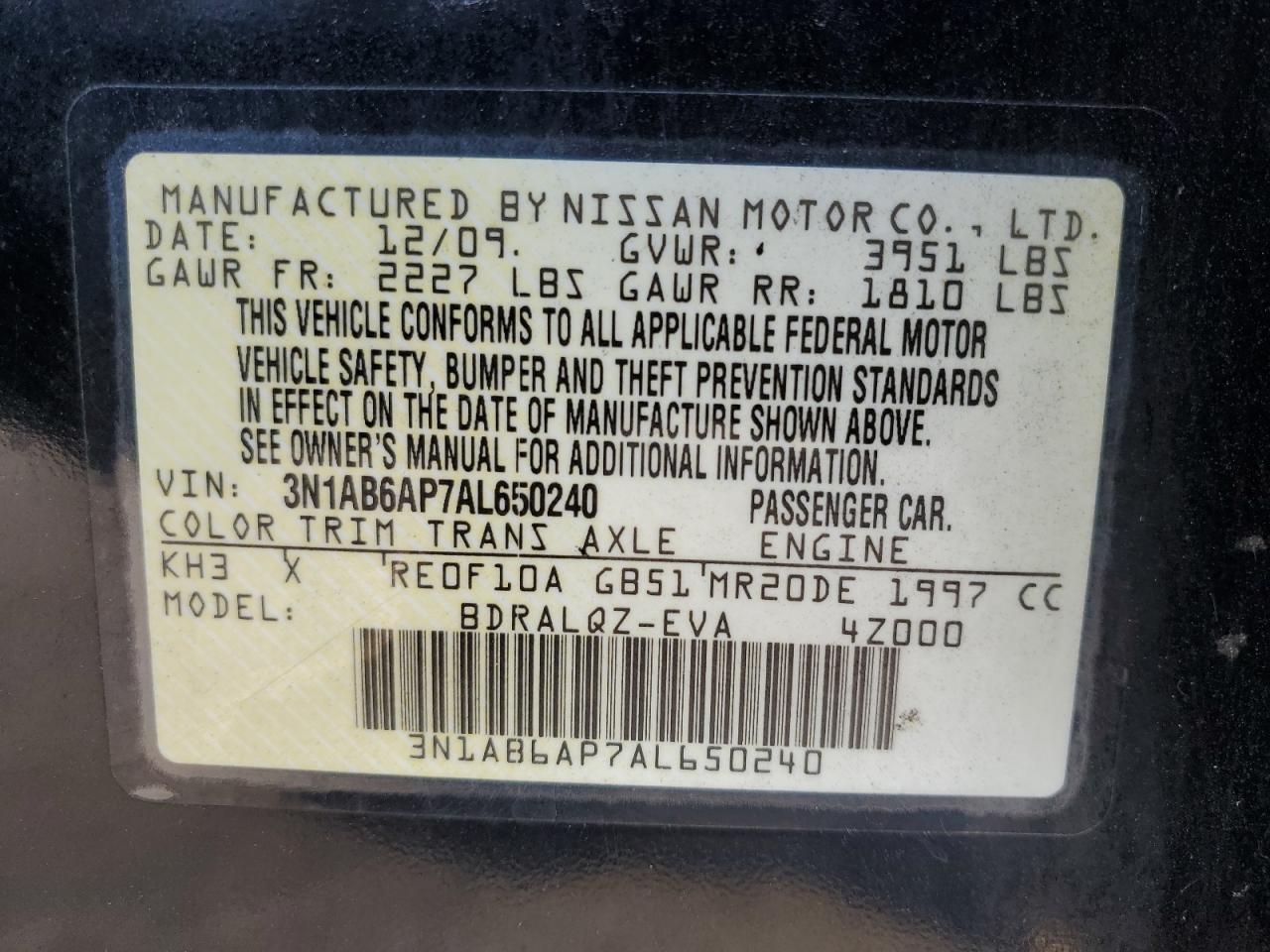 Lot #3037988246 2010 NISSAN SENTRA 2.0