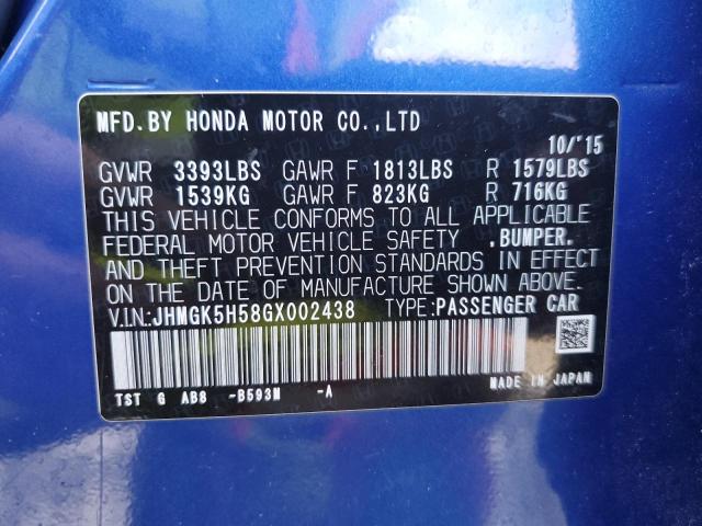 VIN JHMGK5H58GX002438 2016 Honda Fit, LX no.12